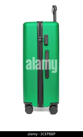 Ein moderner grüner Hartschalenkoffer mit Rädern und einziehbarem Griff wird isoliert auf weißem Hintergrund gezeigt Stockfoto