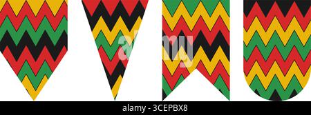 Flaggen Wimpel in verschiedenen Formen mit traditionellen afrikanischen Farben und Ornamenten. Design-Elemente-Set. Isolierte Vektor-Illustration Kwanzaa Grüße Thematische Karten Party Einladung, Flugblätter, Banner, Etikett Stock Vektor