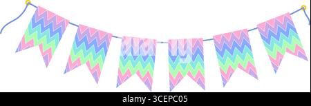 Festliche Wimpelgirlande am Seil in trendigen weichen Farben. Farbenfrohe Feiertags- oder Geburtstagsgestaltung. Isolierte Vektor-Illustration Gruß Thematische Karten, Banner, Broschüren, Etiketten, Preis-Tag, Poster Stock Vektor