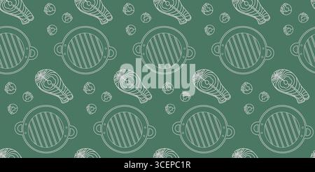 Outline Brussels Sprossen Lachssteak and Grill Pan Chalk Seamless Pattern auf grünem Banner Hintergrund. Isolierte Vektor-Illustration Lebensmittel-Poster thematische Karten Menü Hintergrund Banner, Faltblätter, Etikett, Preis Stock Vektor