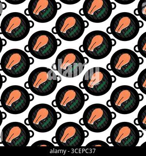 Lachssteak auf Grillpfanne mit Rosmarin Twig und gemischten Paprika nahtlose minimalistische Kulisse. Isolierte Vektor-Illustration gesunde Lebensmittel Rezept Menü Karten Banner, Faltblätter, Etiketten, Preis, Poster Stock Vektor