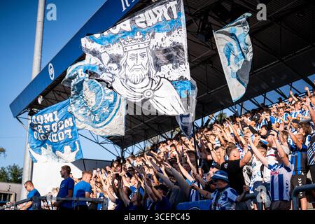 Odense, Dänemark. August 2025. Fußballfans von ob auf den Tribünen beim 3F Superliga-Spiel zwischen Odense BK und Aarhus GF im Nature Energy Park in Odense. Quelle: Gonzales Photo/Alamy Live News Stockfoto