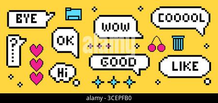 Weiße Chatblasen mit Pixel y2k-Sprachausdrücken und gelegentlichem Text auf gelbem BG. Retro-Messaging-Elemente mit Fruchtsymbolen, Herzen und Symbolen auf der Computeroberfläche für nostalgisches digitales Design. Stock Vektor