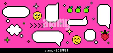 Pixel y2k-Sprechblasen mit Retro-Chatelementen – weiße Dialogfelder, lächelnde Emoticon-Gesichter und grüne Äpfel. Wolkenformen, Pfeile mit Erdbeere und funkelnde Sterne für Vintage-Botschaften Stock Vektor