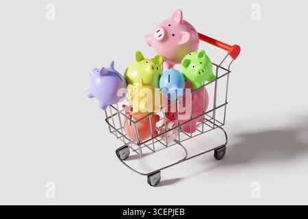 Mehrfarbige Schweinebänke, die unaufgeräumt in einen Einkaufswagen auf weißem Hintergrund gelegt werden. Auswahl von Sparkonten und Finanzprodukten Stockfoto