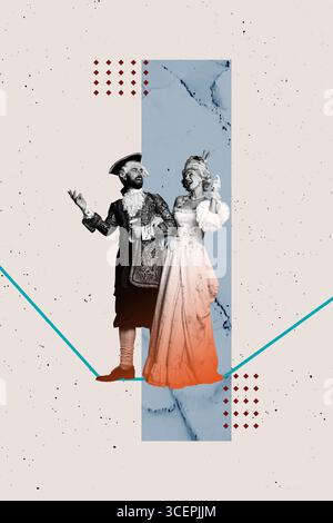 3D Collage Design Trend Kunstwerk Skizze von Korsettenkleid aristokratische historische Opulenz Eleganz Paar junge Dame Mann Walk Copyspace Linie Stockfoto