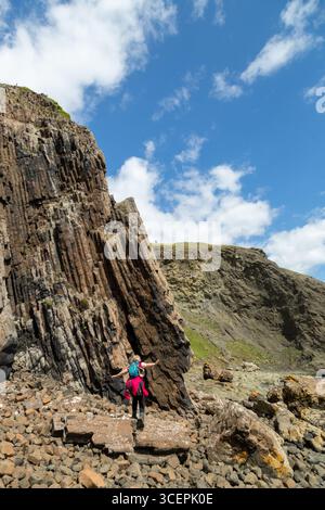 Große vulkanische Basaltsäulen entlang der Küste in der Nähe von Elie, Fife, Schottland Stockfoto