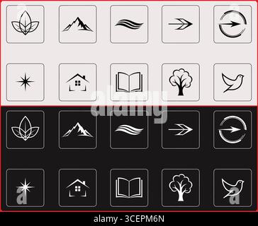 Sammlung einfacher Schwarzweiß-Symbole, die in einem Rastermuster auf einem geteilten Hintergrund angeordnet sind Stock Vektor