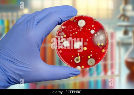 Bakterien- und Schimmelpilzkolonien, die aus der Raumluft auf Blut-Schafagar gewachsen sind, Foto, das die mikrobielle Vielfalt und Luftkontamination zeigt. Stockfoto