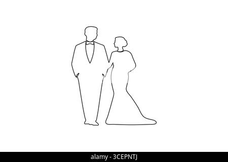 Braut und Bräutigam durchgehende einzeilige Zeichnung minimalistischer Umrissvektor Illustration Stock Vektor