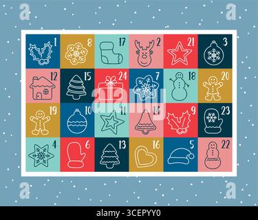 Bunter kindlicher Adventskalender 24 verschiedene Motive Vektor-Illustration Stock Vektor
