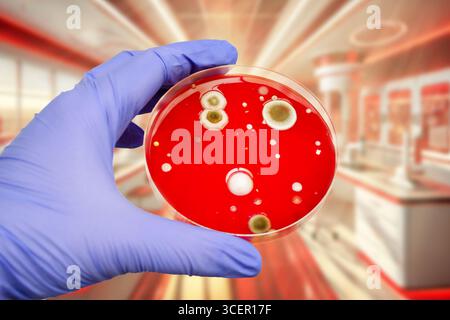 Bakterien- und Schimmelpilzkolonien, die aus der Raumluft auf Blut-Schafagar gewachsen sind, Foto, das die mikrobielle Vielfalt und Luftkontamination zeigt. Stockfoto