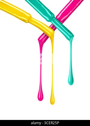 Farbige Nagellacke tropfen von Pinseln in Nahaufnahme, isoaltiert auf weißem Hintergrund Stockfoto