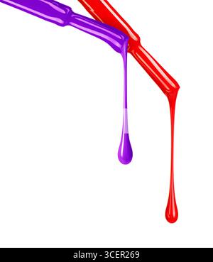 Farbige Nagellacke tropfen von Bürsten in Nahaufnahme Stockfoto