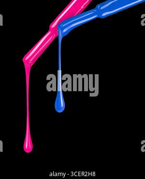 Farbige Nagellacke, die von den Bürsten in Nahaufnahme auf schwarzem Hintergrund tropfen Stockfoto