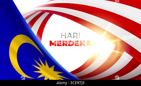 Malaysia Flagge Thema rot weiße Streifen Band Flow Design auf weißem Hintergrund, gelbe Sichel, Stern auf blau. Hari Merdeka, Malaysia Unabhängigkeitstag Stock Vektor