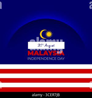 Quadratische Social-Media-Postvorlage für den Malaysia Unabhängigkeitstag mit blauem Hintergrund, roten weißen Streifen, Schattenlinie. Grafisches Banner für Vektor-Feiertage Stock Vektor