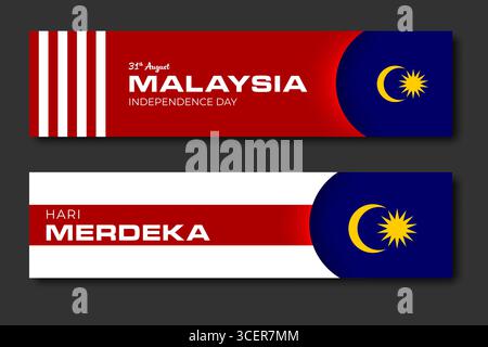 Horizontale Webbanner-Vorlage für den Malaysia Unabhängigkeitstag mit roten weißen Streifen, Mond und Stern auf blauer, schattengeschnittener Linie. Vektorgrafik für Feiertage Stock Vektor