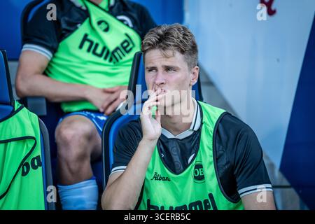 Odense, Dänemark. August 2025. Nikolaj Juul-Sandberg von ob beim 3F Superliga-Spiel zwischen Odense BK und Aarhus GF im Naturenergiepark in Odense. Stockfoto