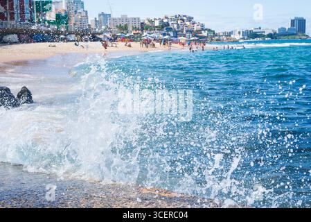 Spritzer einer Strandwelle, die hart gegen einen Zementpfeiler kracht. Wintersaison. Kraft der Natur. Stockfoto