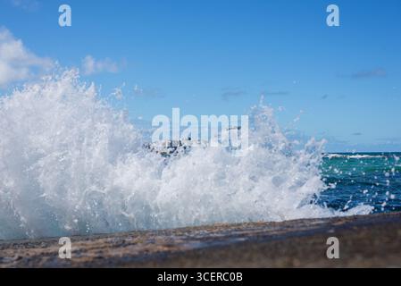 Spritzer einer Strandwelle, die hart gegen einen Zementpfeiler kracht. Wintersaison. Kraft der Natur. Stockfoto