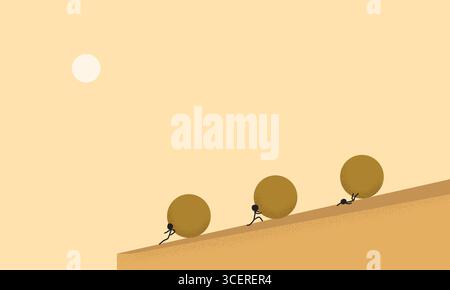 Minimalistische Illustration von Menschen, die auf ihre eigene Weise große Sphären bergauf schieben. Darstellung von Ehrgeiz, Entschlossenheit, Beharrlichkeit und Strategie Stock Vektor