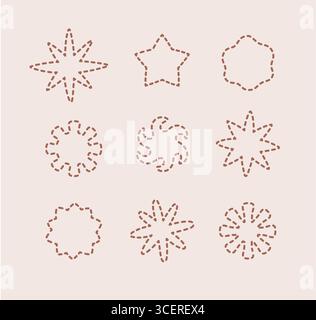 Handgezeichnete minimalistische, gepunktete Sonne, Sternformen. Magie, kosmisch, Boho, Logo-Vektor-Design. Stock Vektor