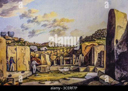 Historische Skizze der Entdeckung, Museum am megalithischen Ggantija-Tempel, etwa 5600 Jahre alt, eines der ältesten teilweise erhaltenen Gebäude in Stockfoto