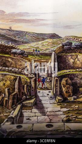 Historische Skizze der Entdeckung, Museum am megalithischen Ggantija-Tempel, etwa 5600 Jahre alt, eines der ältesten teilweise erhaltenen Gebäude in Stockfoto