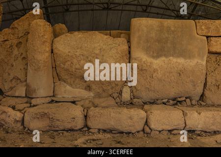 Megalithischer Hagar Qim Tempel mit insgesamt sechs großen Tempelräumen, 3600-2500 v. Chr., Qrendi, Malta Stockfoto