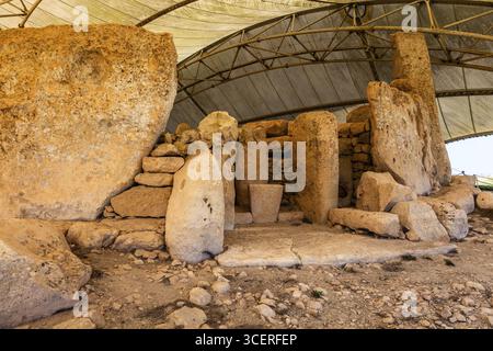 Megalithischer Hagar Qim Tempel mit insgesamt sechs großen Tempelräumen, 3600-2500 v. Chr., Qrendi, Malta Stockfoto