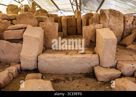 Megalithischer Hagar Qim Tempel mit insgesamt sechs großen Tempelräumen, 3600-2500 v. Chr., Qrendi, Malta Stockfoto