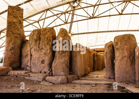 Megalithischer Hagar Qim Tempel mit insgesamt sechs großen Tempelräumen, 3600-2500 v. Chr., Qrendi, Malta Stockfoto