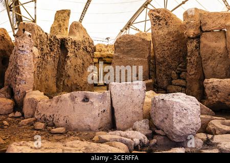 Megalithischer Hagar Qim Tempel mit insgesamt sechs großen Tempelräumen, 3600-2500 v. Chr., Qrendi, Malta Stockfoto