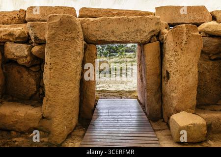 Megalithischer Hagar Qim Tempel mit insgesamt sechs großen Tempelräumen, 3600-2500 v. Chr., Qrendi, Malta Stockfoto