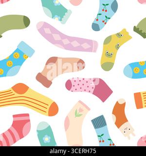 Nahtloser Hintergrund von mehrfarbigen Socken mit Mustern und Streifen Stock Vektor