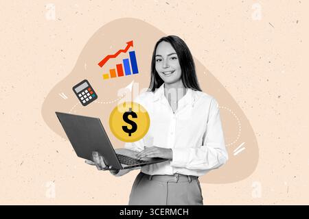 Composite Collage mit einer jungen Frau, die Laptop mit Dollar, Grafik, Pfeil, Taschenrechner hält Stockfoto