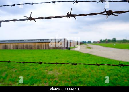Ein düsterer Blick durch rostige Stacheldrahtzäune, der die Holzbaracken in Auschwitz-Birkenau zeigt, wo Gefangene unter unmenschlichen Bedingungen untergebracht wurden. Stockfoto