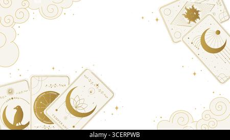 Himmlisches Wahrsagungs-Banner mit Tarotkarten und Wolken. Tarot-Schreibtisch. Vektorabbildung Stock Vektor