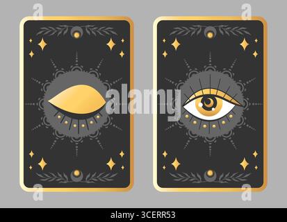 Himmlisches esoterisches Tarotkartendesign mit magischem Auge und himmlischen Elementen. Vektorabbildung Stock Vektor