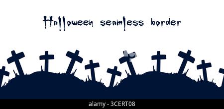 Einfarbiger Rahmen, nahtloser Rahmen für Halloween mit Bildern von Friedhöfen und Grabsteinen. Silhouetten von Grabsteinen, nahtloser horizontaler Hintergrund für festliche Banner, dekoratives Band, Einladung. Stock Vektor