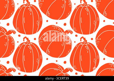 Kuscheliges nahtloses Muster mit großen bunten, handgezeichneten Kürbissen. Vektor-Hintergrund für Herbstdesigns für Thanksgiving und Halloween Feiertage. Druck für Küchentextilien, Speisekarten, Geschenkpapier, Abdeckungen. Stock Vektor