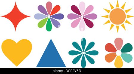 Bunte geometrische und florale Vektorformen mit Herz-Stern-Sonne und Dreieck-Symbolen Stock Vektor