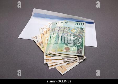 Banknoten polnischer Währung in Stückelungen von einhundertzweihundert Zloty mit einem weißen Umschlag auf grauem Hintergrund. Polnische Zloty Nahaufnahme. Stockfoto