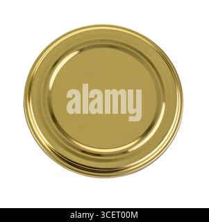Goldener Metalldeckel isoliert auf transparentem Hintergrund, perfekt zum Verschließen von Gläsern und Konservieren von Lebensmitteln Stockfoto