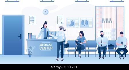 Moderne Rezeption mit Möbeln. Gruppe von Personen, die auf Warteschlange warten. Weibliche Empfangsdame, die mit der Frau spricht, und Patienten, die auf c sitzen Stock Vektor