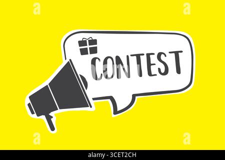 Großer Lautsprecher, Sprechblase mit Geschenk und Text - Wettbewerb. Doodle-Design auf gelbem Hintergrund. Vorlage für Web, soziale Medien oder Blog. Verlosungspreise. Stock Vektor