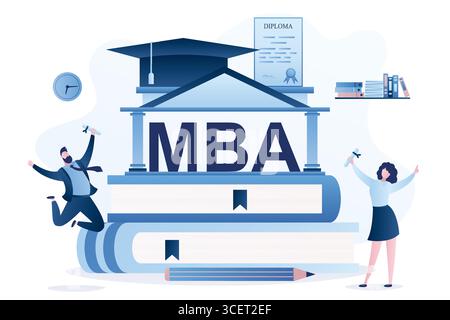 Glückliche Studenten mit MBA-Abschluss. Kompetenzverbesserung, Konzept der Online-Schulung. Ein Stapel von Büchern, Diplomen und Geschäftsleuten. Universität oder AC Stock Vektor