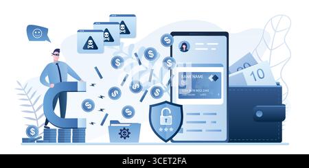 Data-Phishing-Konzept. Online-Betrug, Malware und Passwort-Phishing. Smartphone mit E-Wallet und Zahlungsanwendung. Hacker mit großem Magneten Angriff Zelle Stock Vektor