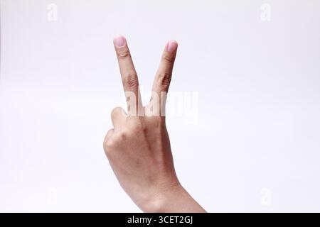 Die Hand der Frau zeigt zwei Finger. Die Zahl „zwei“ in Gebärdensprache. Isoliert auf weißem Hintergrund. Stockfoto